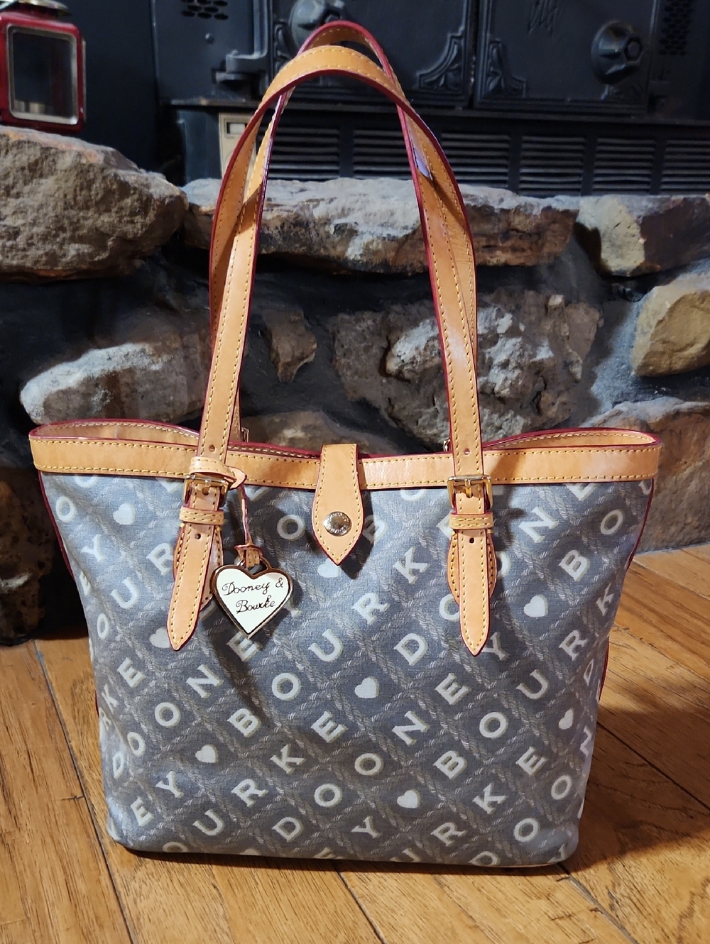 Dooney & Bourke Grey Logo Print Tote with Tan Trim